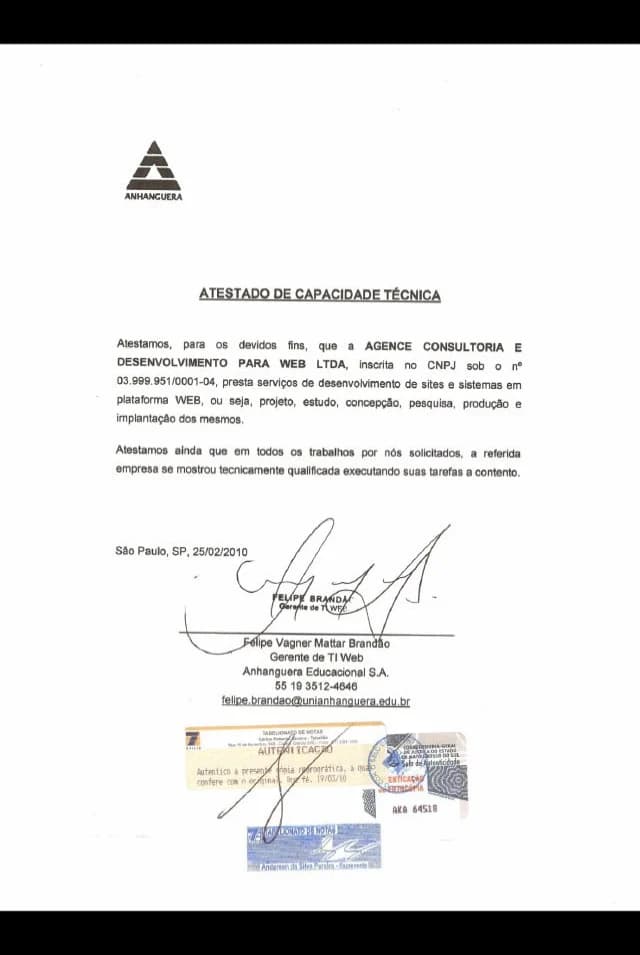 Atestado de capacidade técnica — Anhanguera
