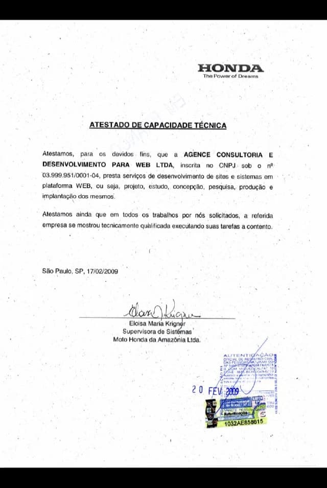 Atestado de capacidade técnica — Honda