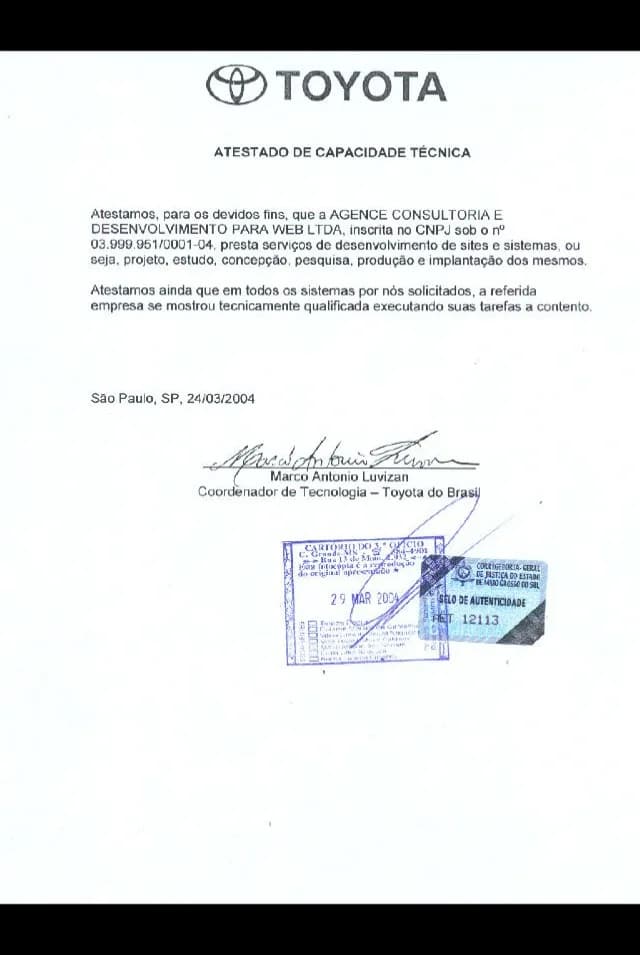 Atestado de capacidade técnica — Toyota