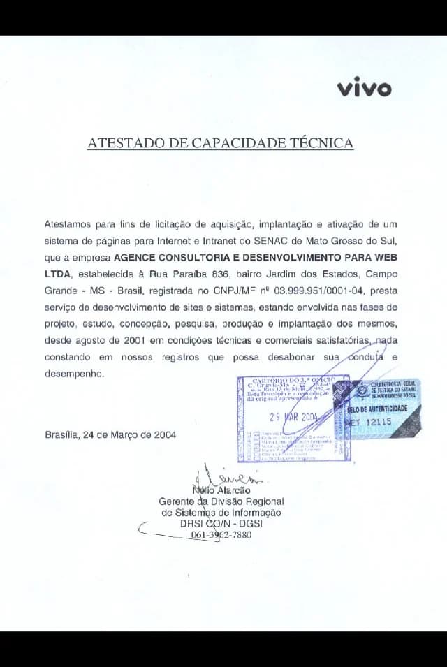 Atestado de capacidade técnica — Vivo